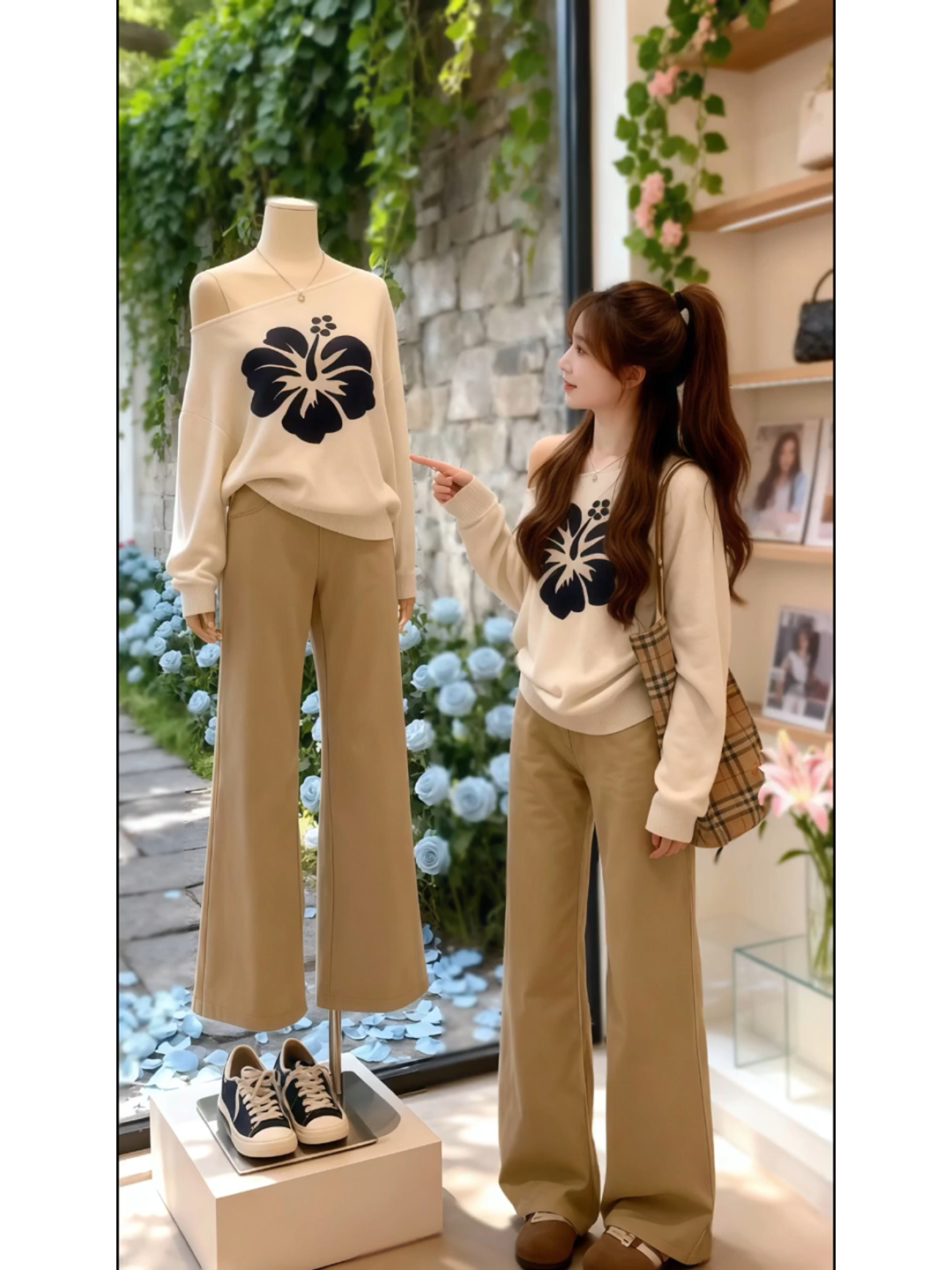 慵懒穿搭斜肩韩系毛衣针织衫宽松上衣百搭显瘦直筒裤子套装女2025