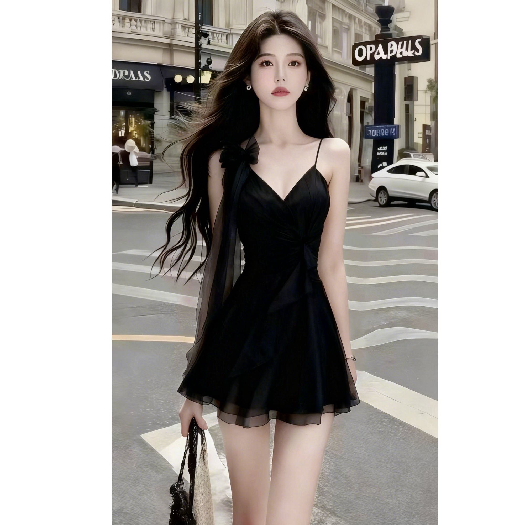 法式性感风纯色吊带V领裙子女收腰露肩显瘦连衣裙修身网纱短裙