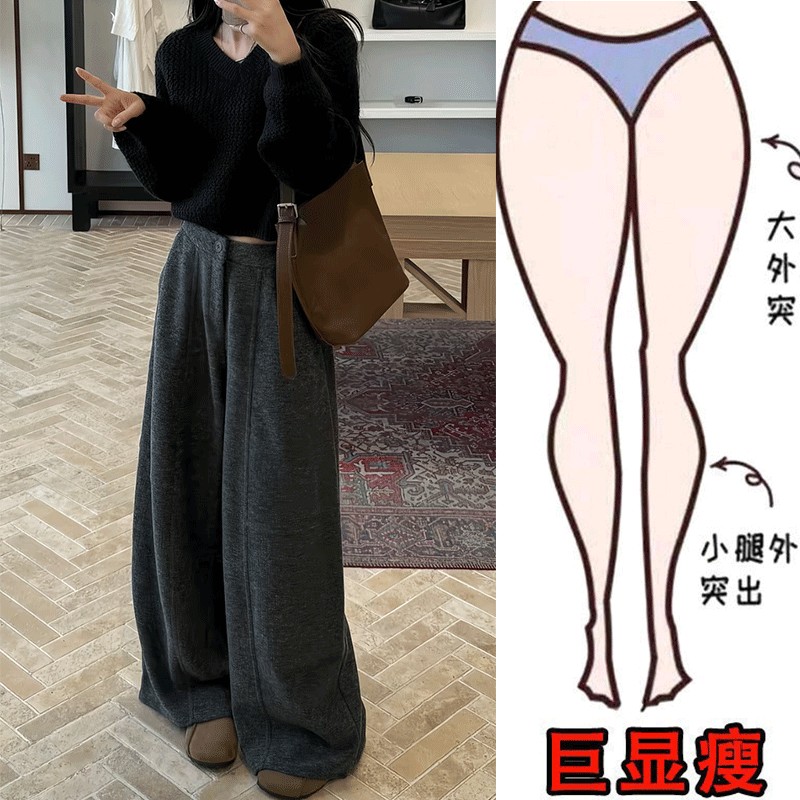 冬季新款韩版大码宽松毛呢休闲裤女梨型身材显瘦简约风纯色阔腿裤