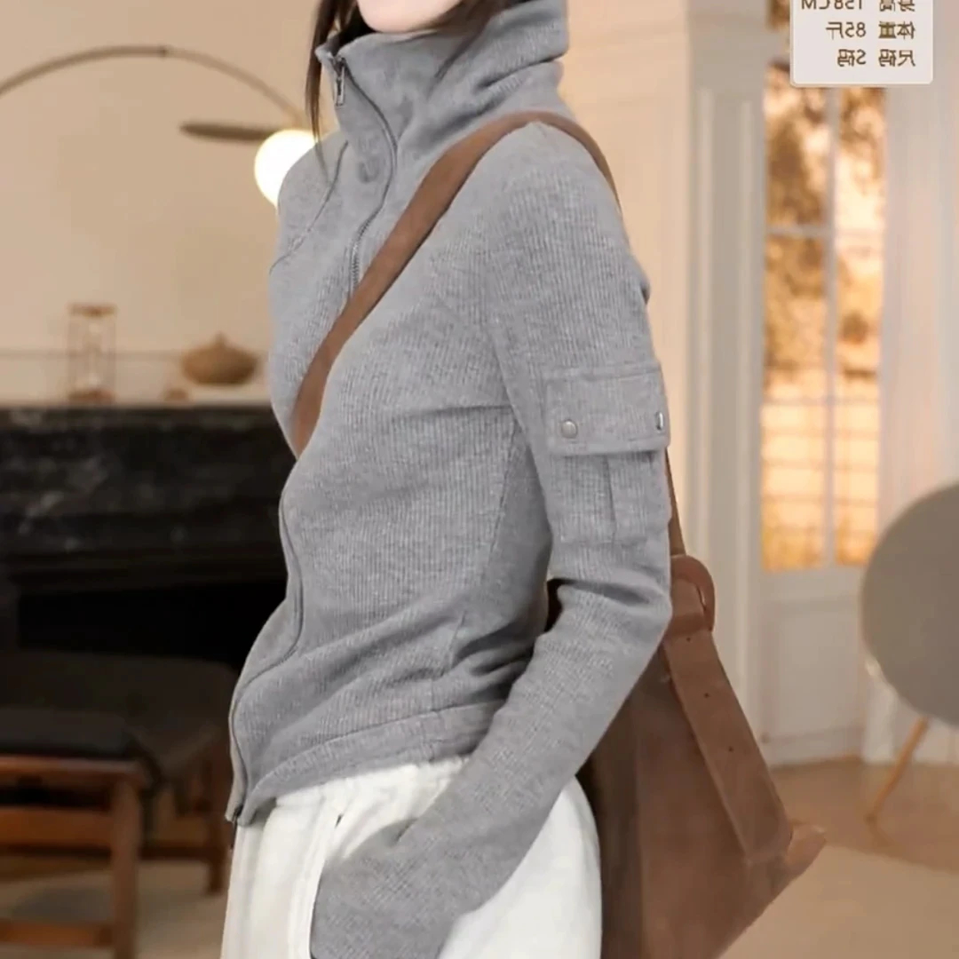 灰色双拉链高领开衫卫衣女2025春季新款设计感口袋百搭显瘦外