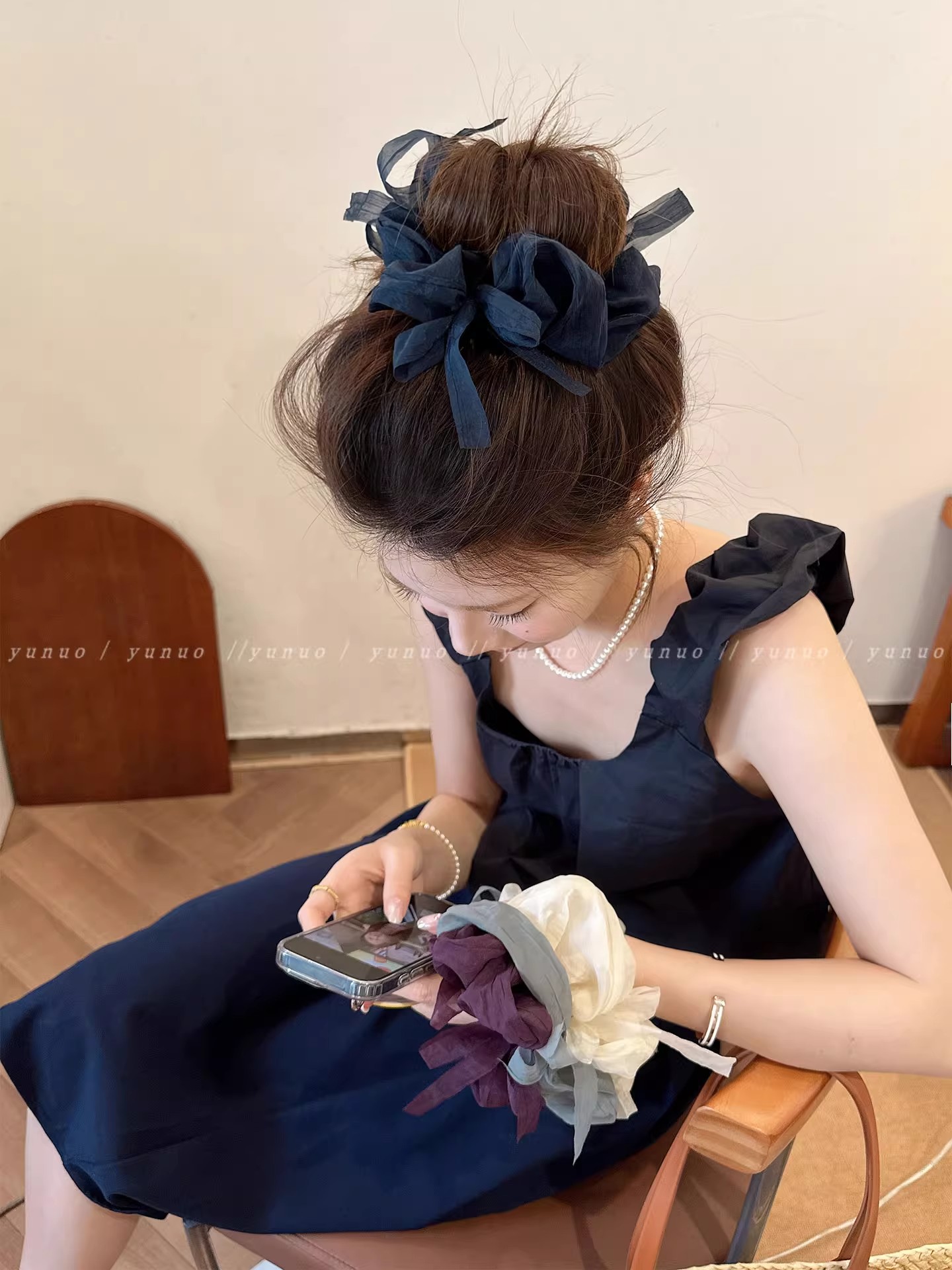 意大利【设计师】温柔网纱蝴蝶结大肠发圈女扎马尾不伤发头绳气质