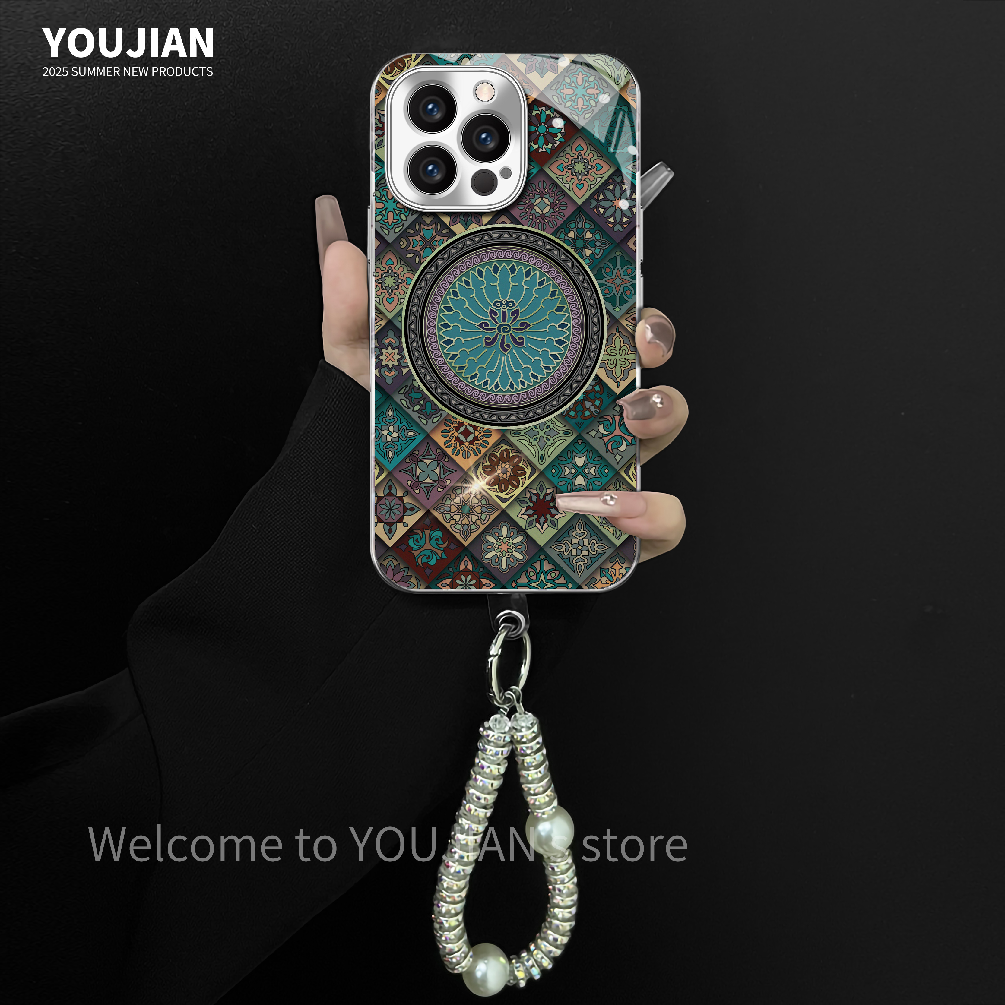 电镀玻璃适用苹果/oppo/华为/vivo/小米五彩图腾蓝莲花创意手机壳