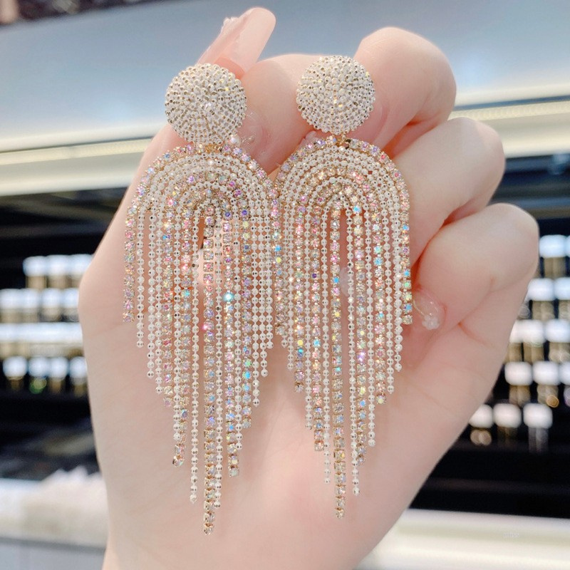 铜合金合成锆石耳饰 夜店潮夸张时髦流苏闪亮网红中长款耳环925银