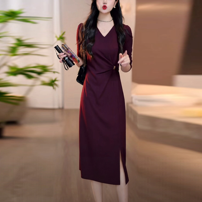 棉感软精纺轻奢女装2025秋季新款时尚修身显瘦气质中长款连衣裙子