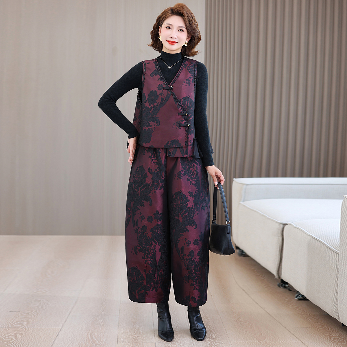 国风秋季高端提花套装时尚洋气马甲松紧腰花苞灯笼裤妈妈两件套女