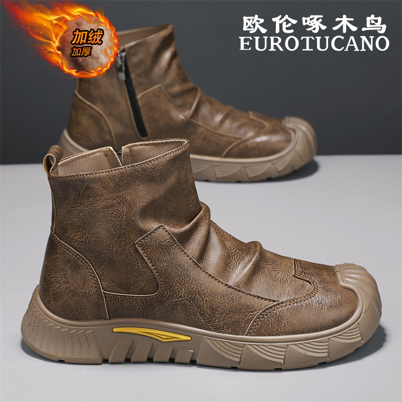 欧伦啄木鸟EUROTUCANO男鞋冬季加绒加厚高帮棉靴男士厚底休闲皮靴