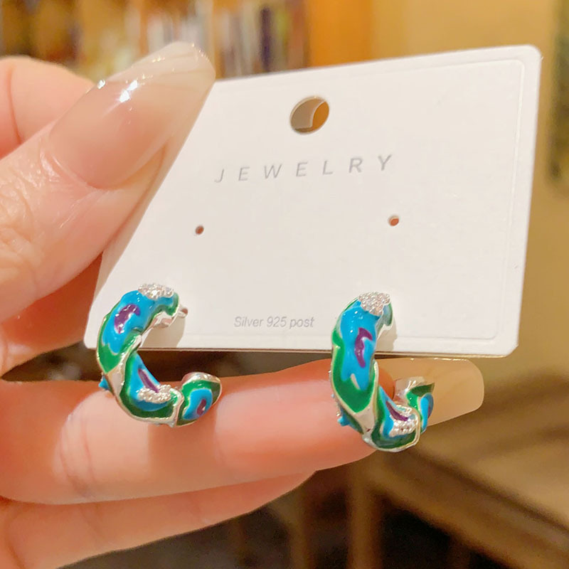 铜合金珐琅耳饰 中古风珐琅滴釉耳钉国风气质百搭网红小众耳环