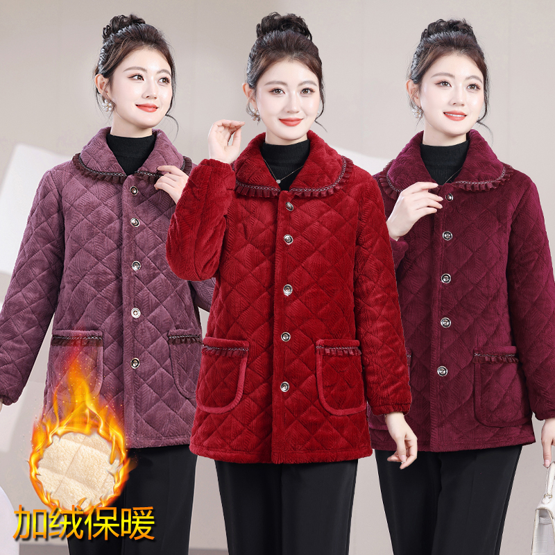 加厚加绒冬装棉袄中老年女装保暖棉袄外套耐寒耐脏宽松大码罩衣