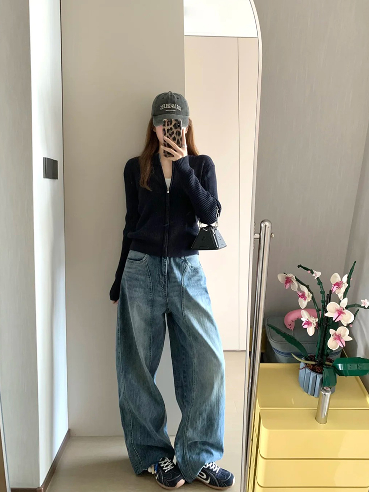 复古蓝美式弯刀牛仔裤女2025秋季梨形镰刀高腰阔腿宽松垂感牛仔裤