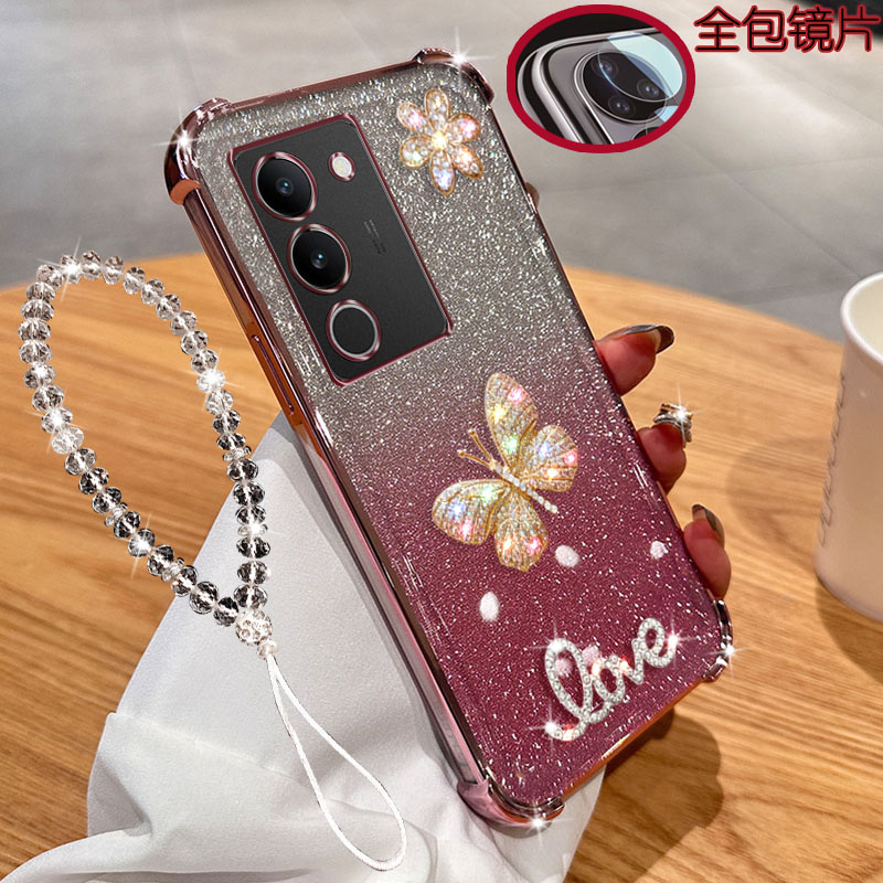 适用vivo s17手机壳V2283A镜头膜全包镶钻透明闪粉气囊防摔保护套