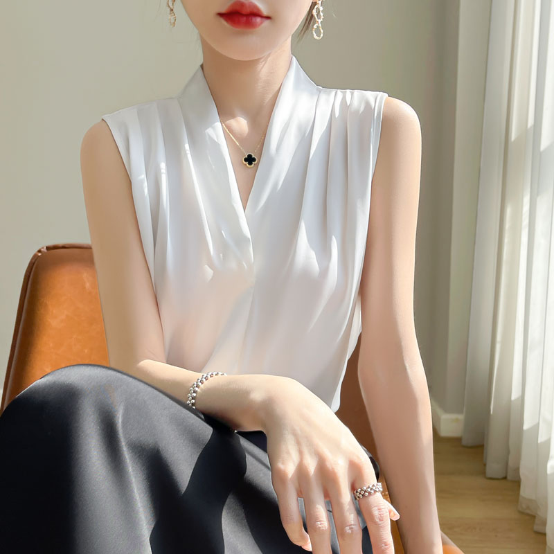 【丽姐宠粉】V领醋酸无袖女25新款法式通勤内搭西装高级职业白衬衣