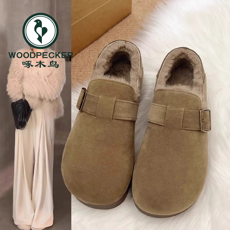 啄木鸟全包厚底勃肯鞋女2025秋冬新款季加绒棉鞋毛毛鞋加厚雪地靴