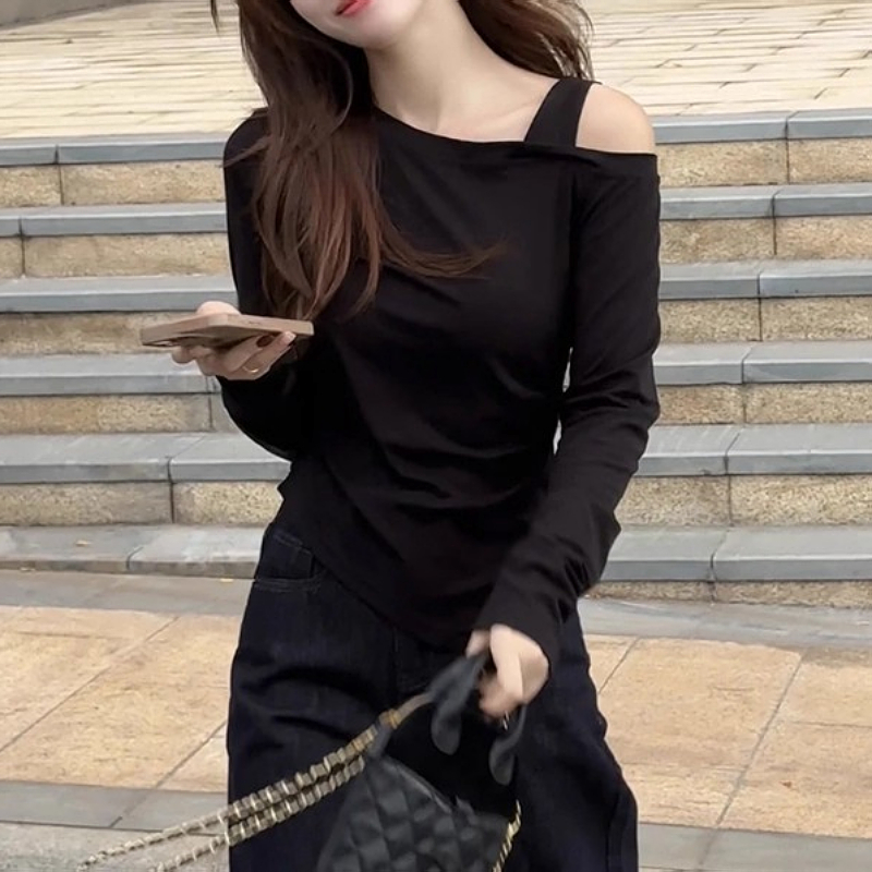 大码微胖洋气纯棉长袖恤女装秋季胖小众修身体恤显瘦斜肩上衣