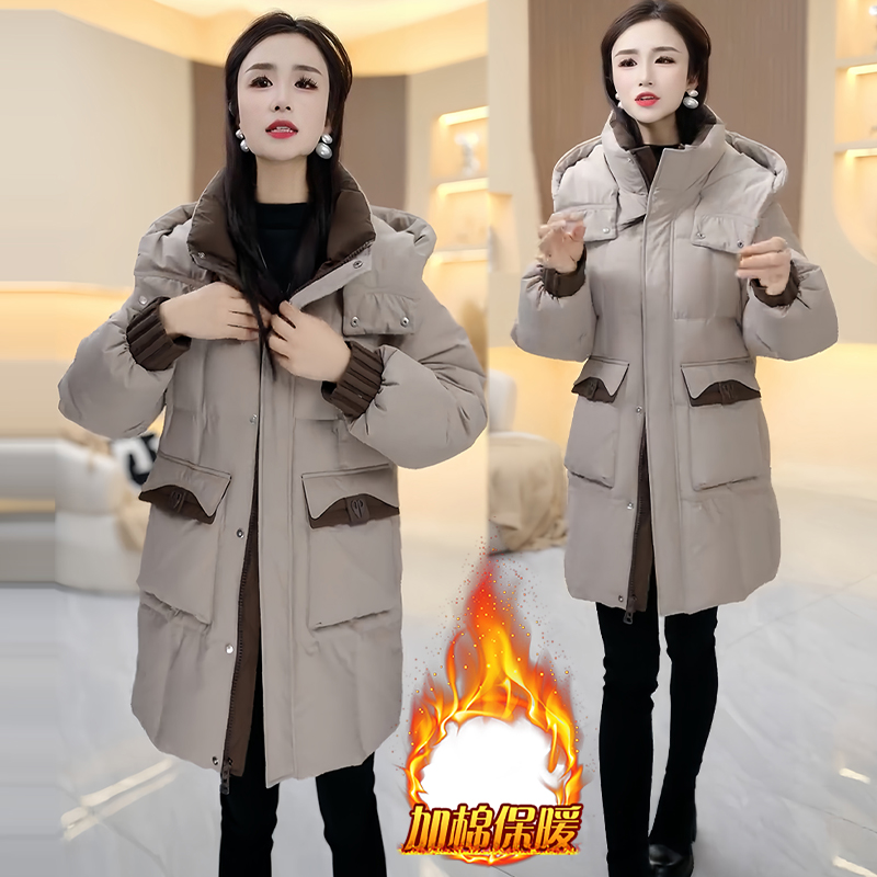 时尚轻奢风连帽羽绒棉服女2025年冬季新款宽松加厚中长款保暖外套