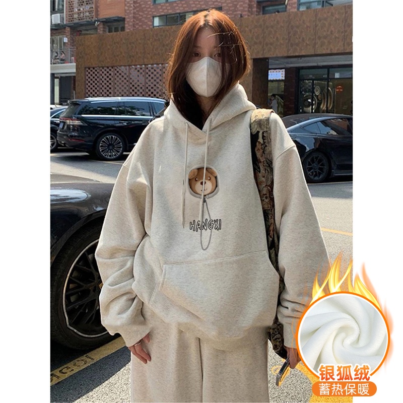 白灰色连帽卫衣女秋冬季韩版宽松大码时尚慵懒风加绒加厚套头外套