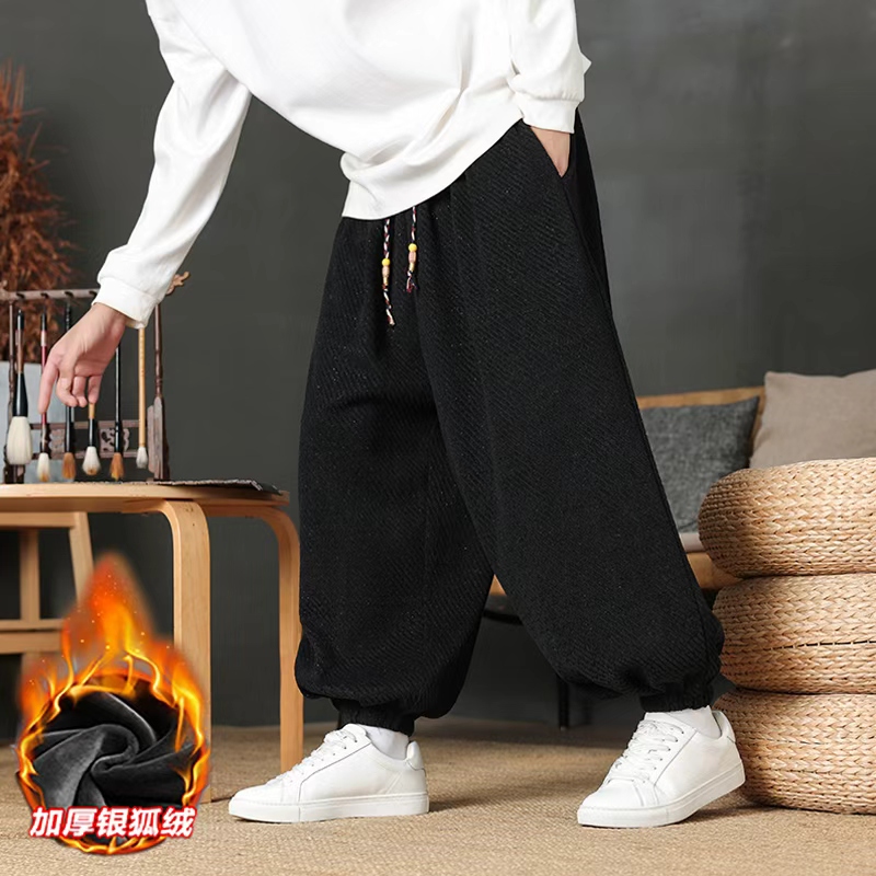 新中式加绒裤子男冬季加厚保暖休闲宽松大码百搭胖子中国风阔腿裤