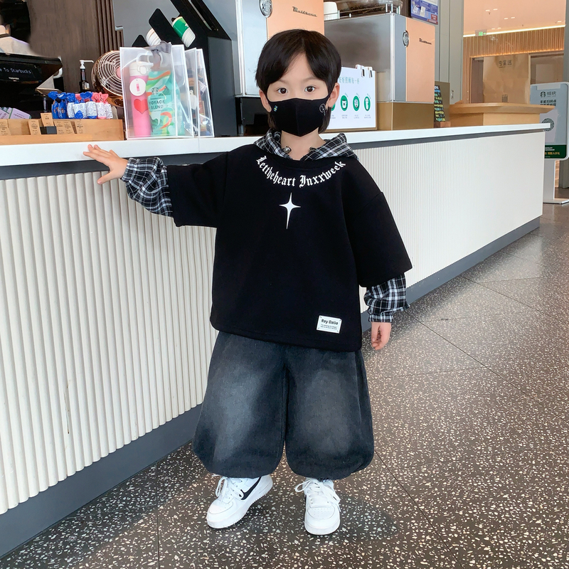 儿童装男童秋装套装2025新款小男孩连帽卫衣宝宝假两件帅气衣服潮