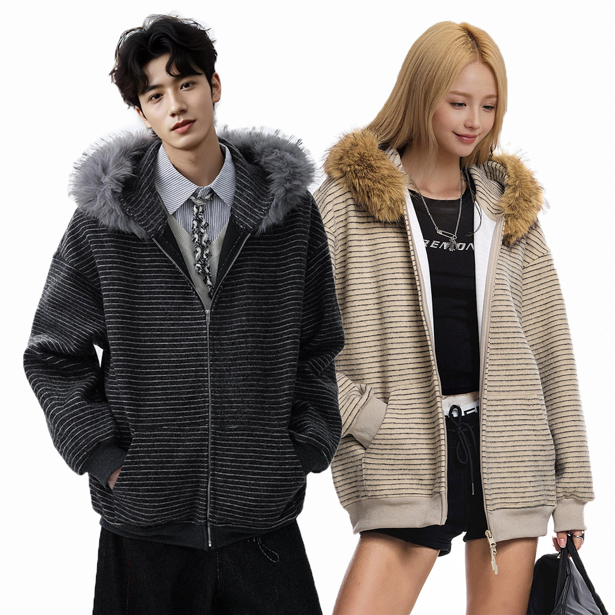 美式复古拉链毛领连帽卫衣男女秋冬宽松开衫条纹休闲慵懒风外套潮