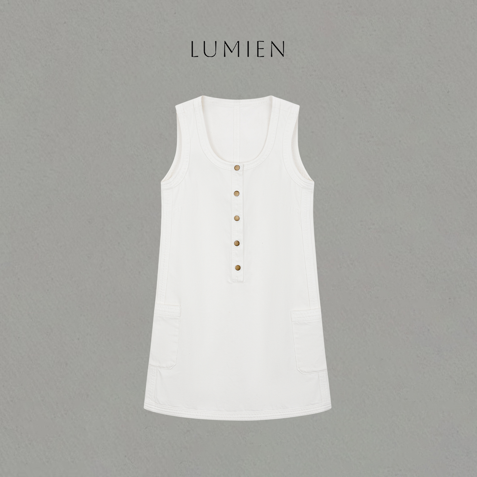 【LUMIEN】气质极简风白色时尚U型领宽肩带水洗牛仔连衣裙LX5DLL160