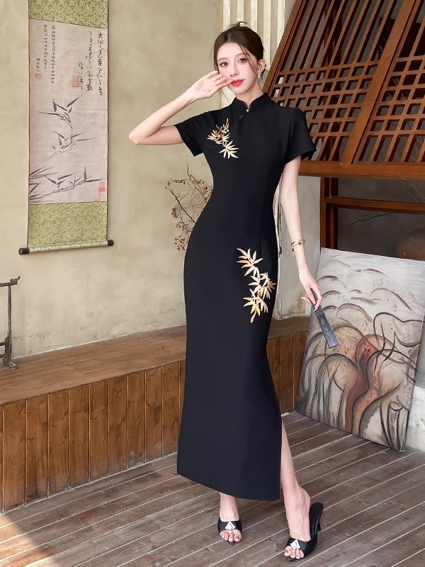 然然高个子女装古法全开襟旗袍新中式国风古韵旗袍金竹报喜开叉裙