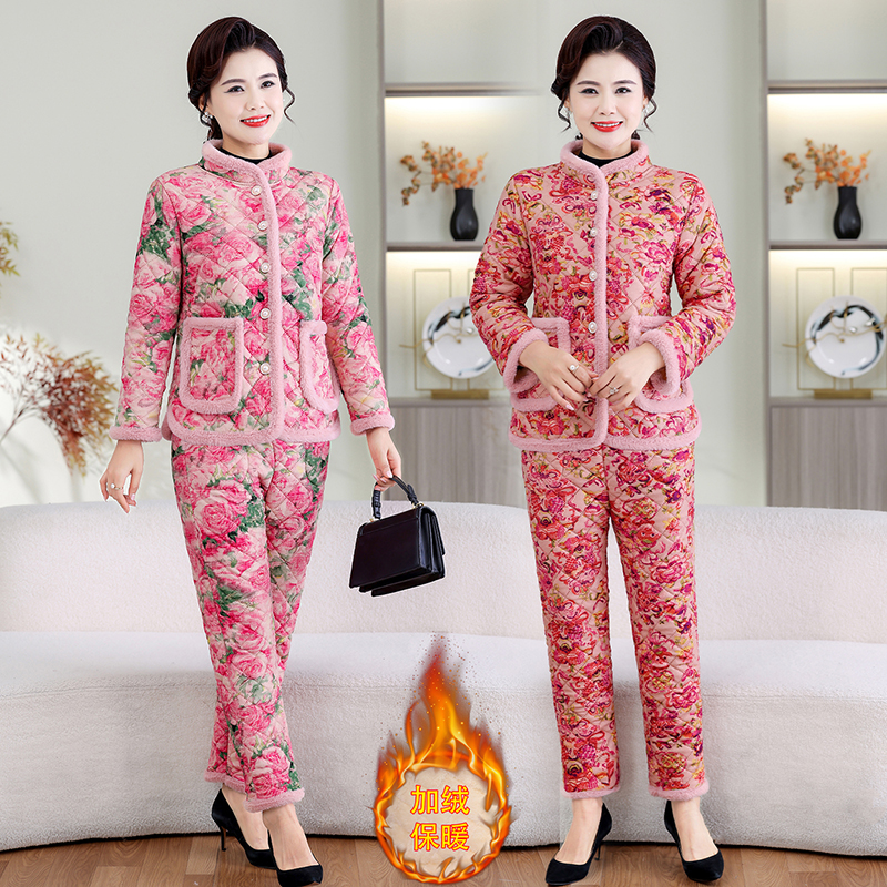 中老年妈妈款加绒家居服套装粉色花卉印花保暖睡衣秋冬女棉衣棉裤