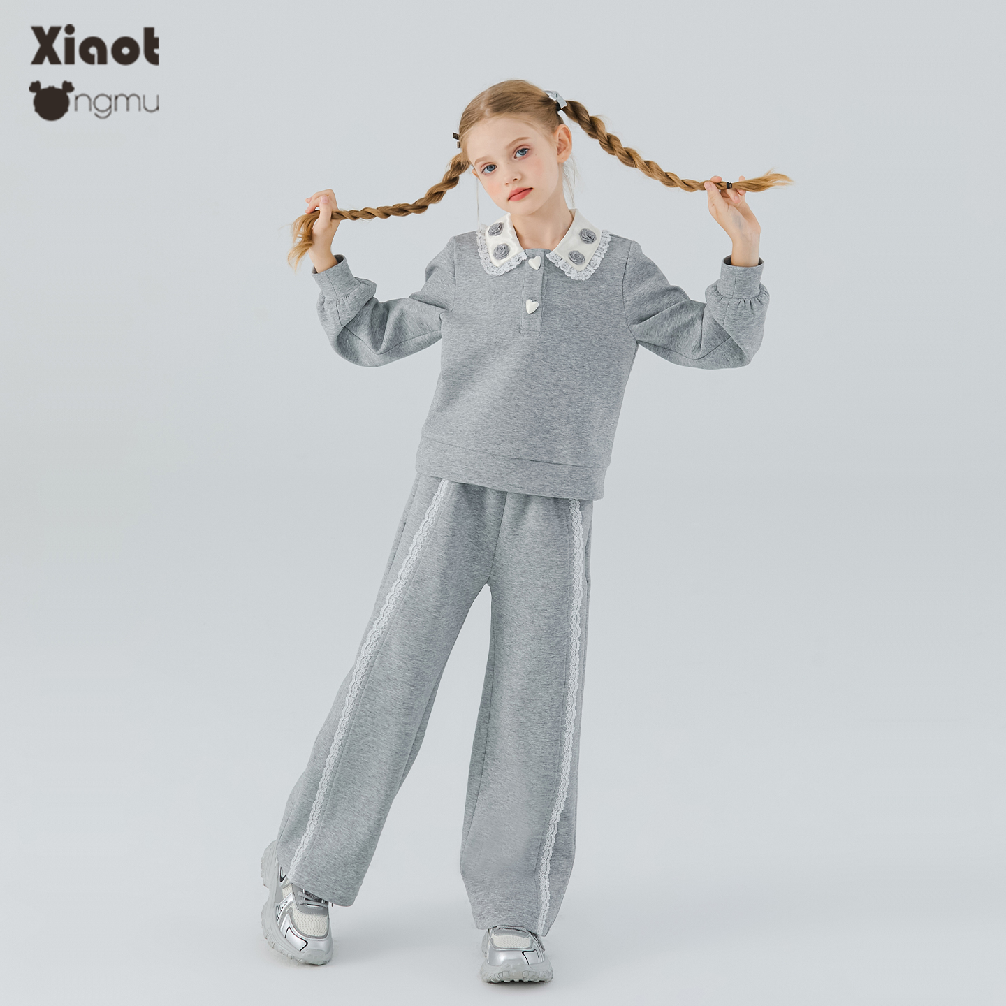 小童木 优雅复古女童运动套装秋装新款蕾丝拼接麻灰色卫衣弯刀裤