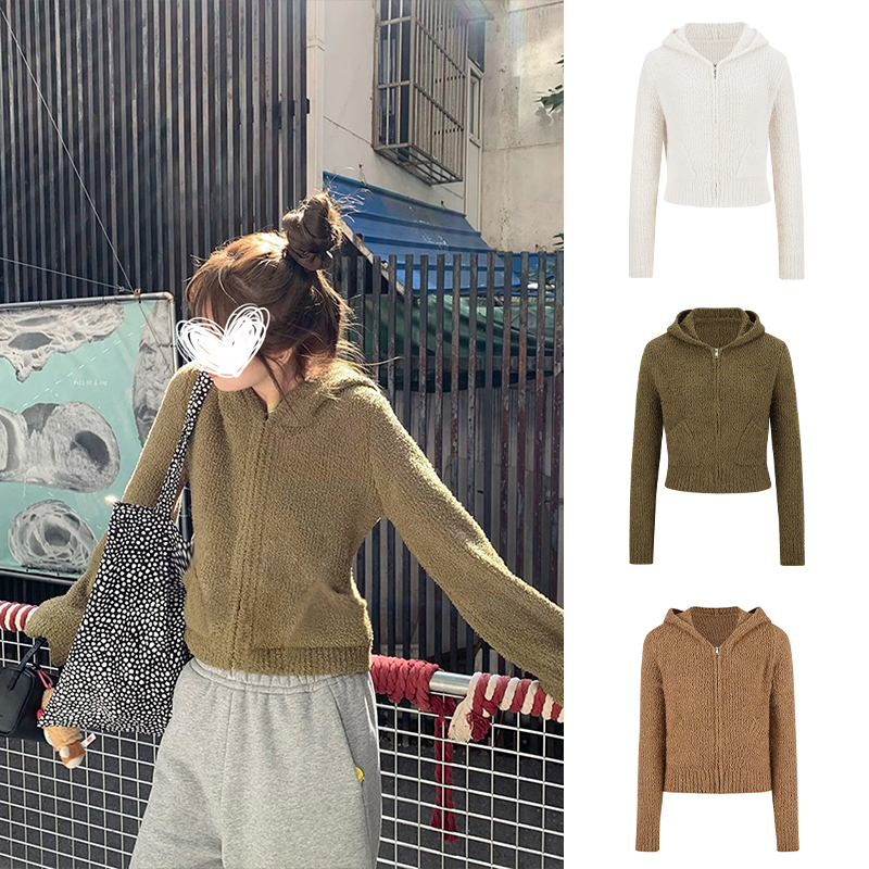 Moses Queen/魔西女王慵懒感毛衣泰迪绒感连帽双拉链针织开衫外套