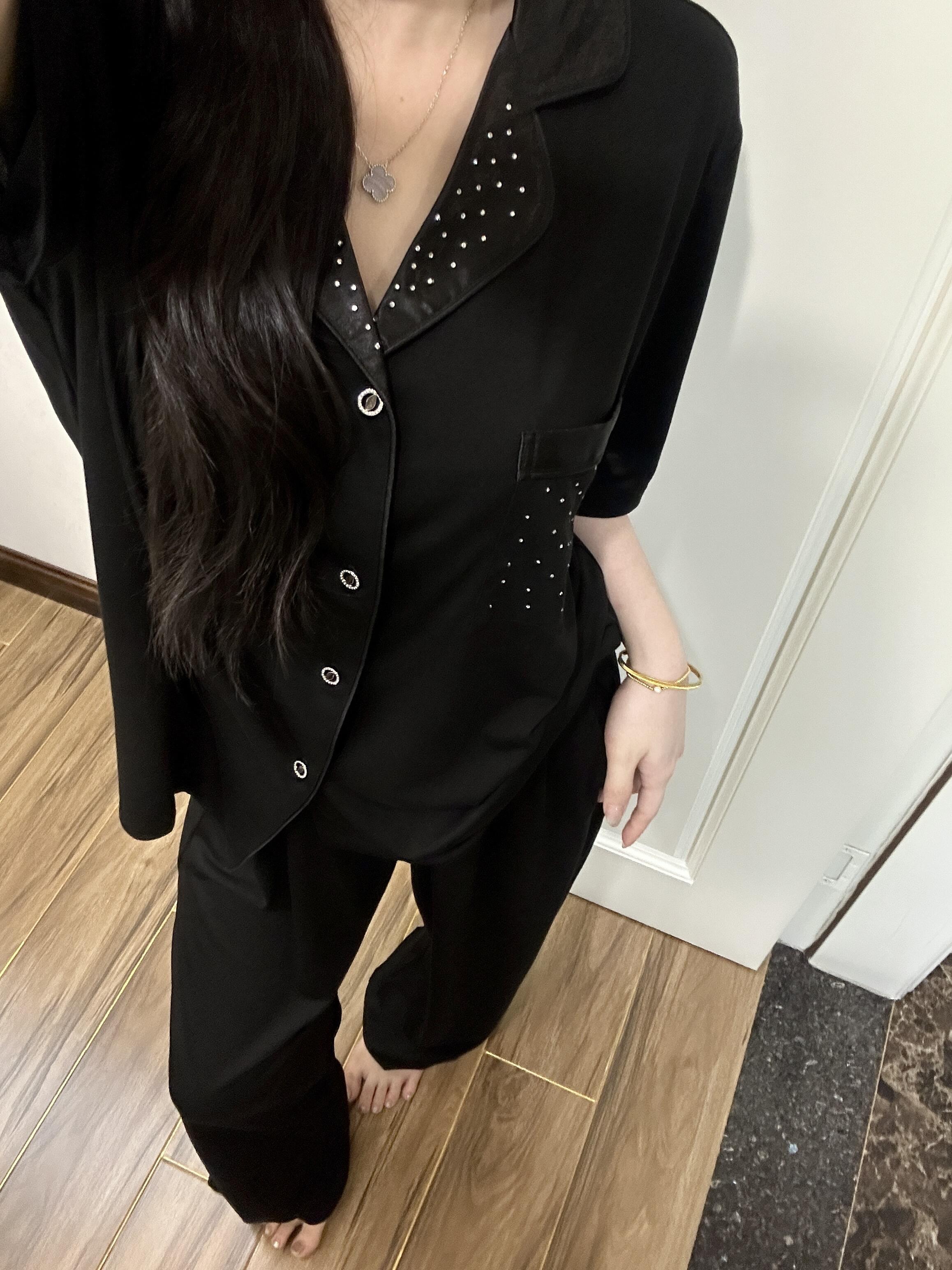 法式轻奢风烫钻莫代尔睡衣女春秋季新款短袖长裤休闲两件套可外穿