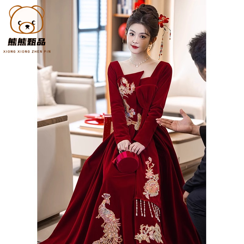 长礼服连衣裙回门便装订婚新娘红色高级感yl新中式结婚秋冬敬酒服