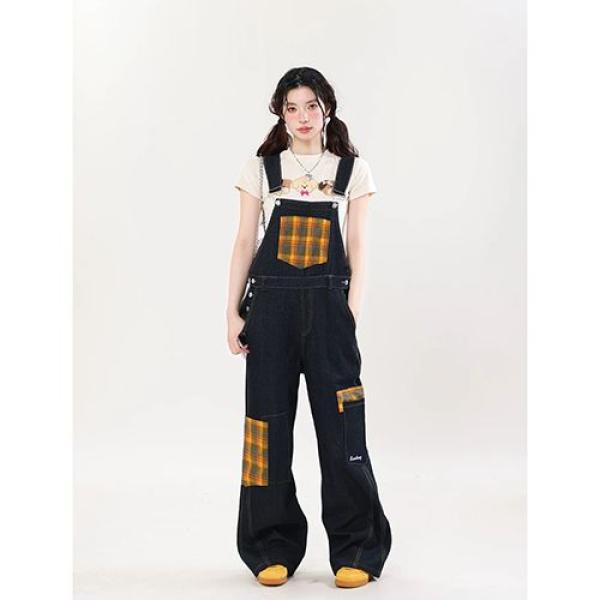 美式复古格纹背带裤女2025新款春夏拼接设计感水洗宽松直筒牛仔裤