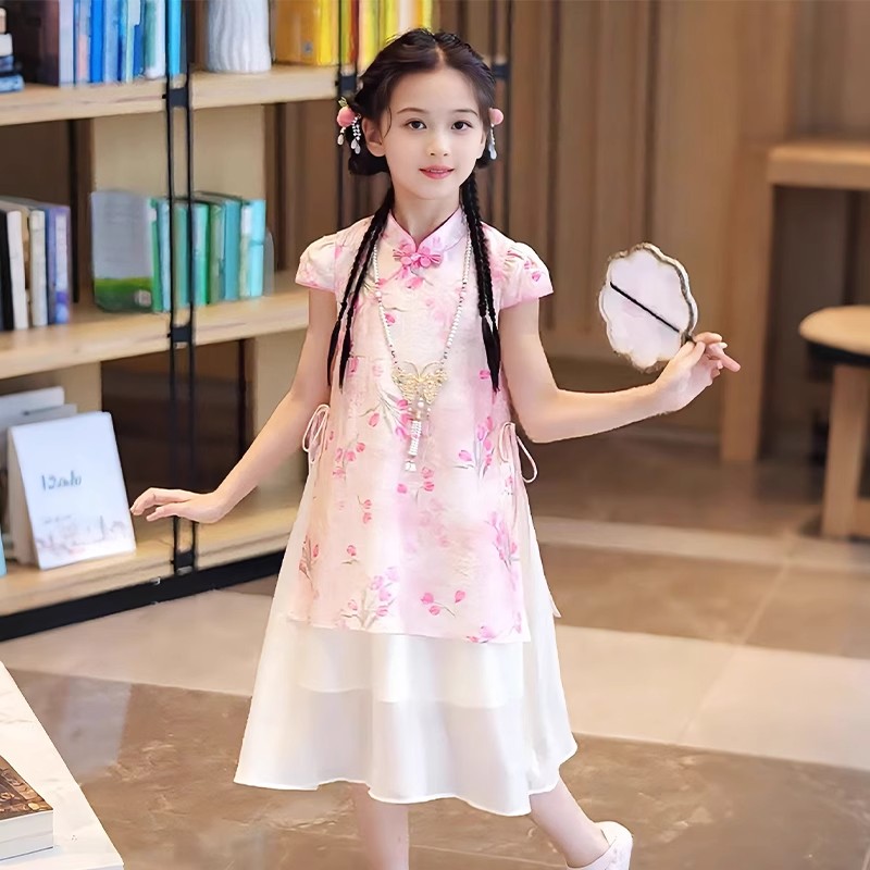 女童汉服旗袍裙夏季2025新款儿童国风裙子夏装中大童假两件连衣裙