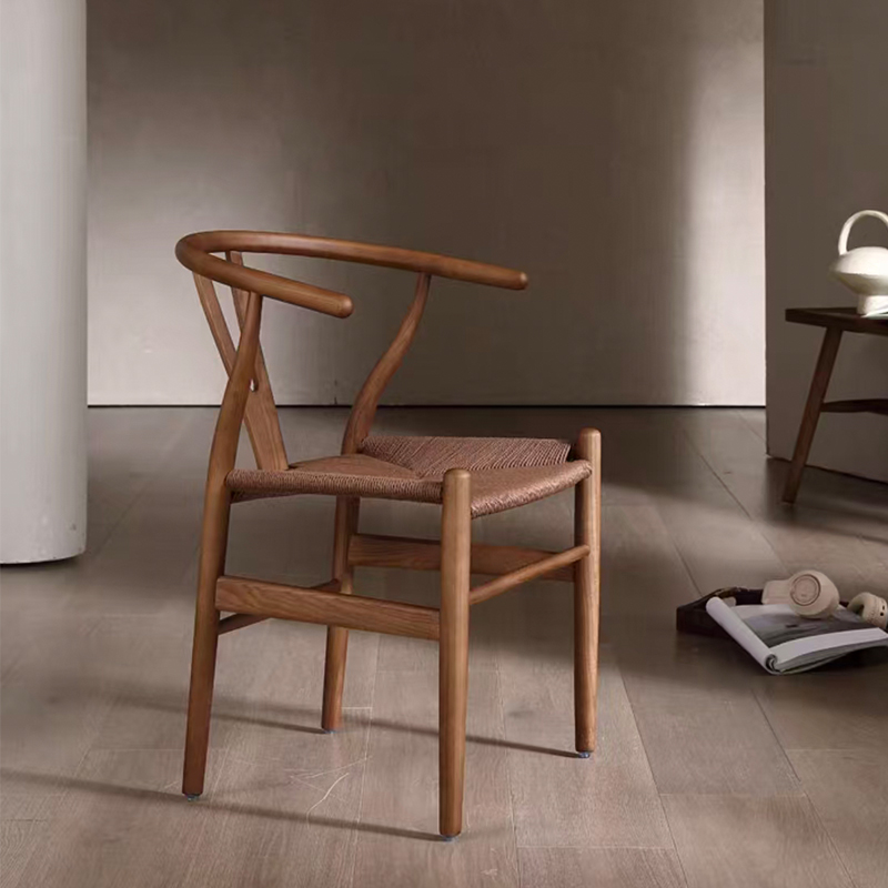 北美白蜡木Y椅简约餐椅休闲扶手靠背家用木椅中式纸绳书房椅子