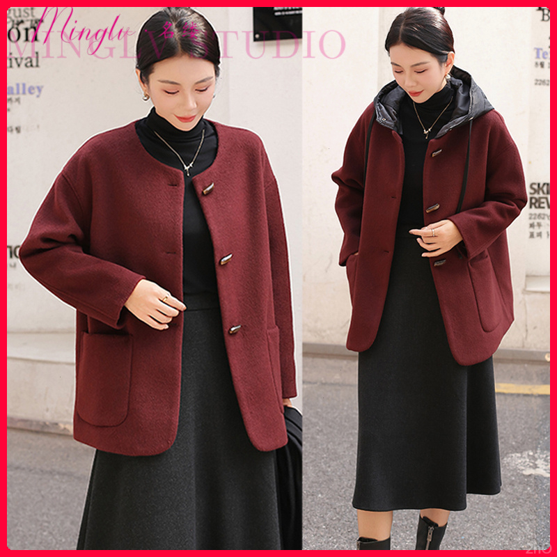 小香风毛呢外套女短款宽松休闲连帽可拆小个子洋气毛呢外套牛角扣