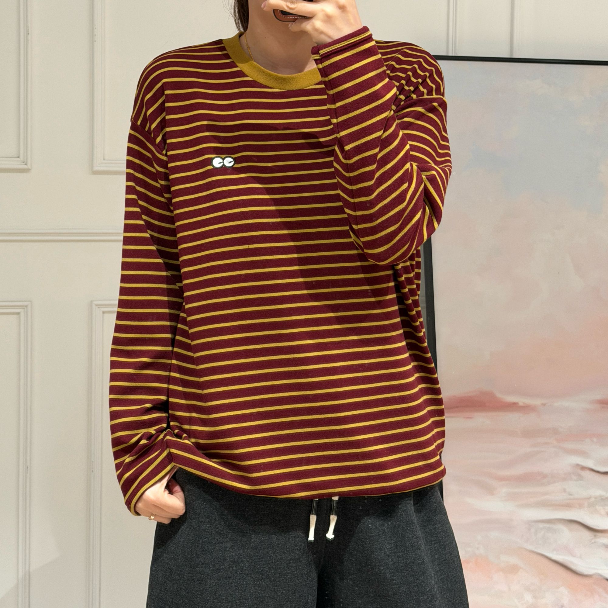 NANA 2025【大眼睛德绒卫衣】冬季双面带绒条纹打底长袖A0514