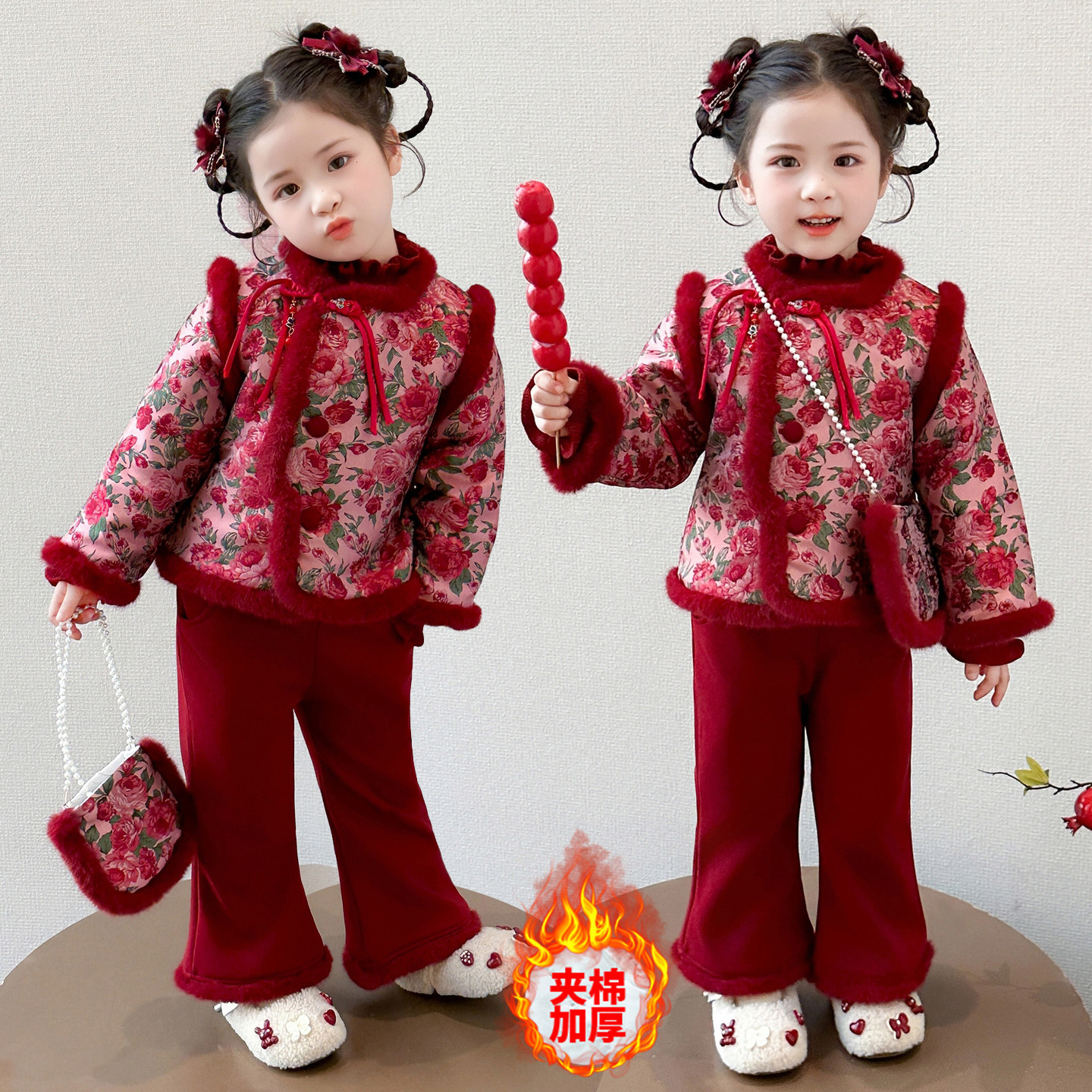 拜年服女童国风套装冬季儿童中式唐装汉服女宝宝加厚喜庆新年衣服