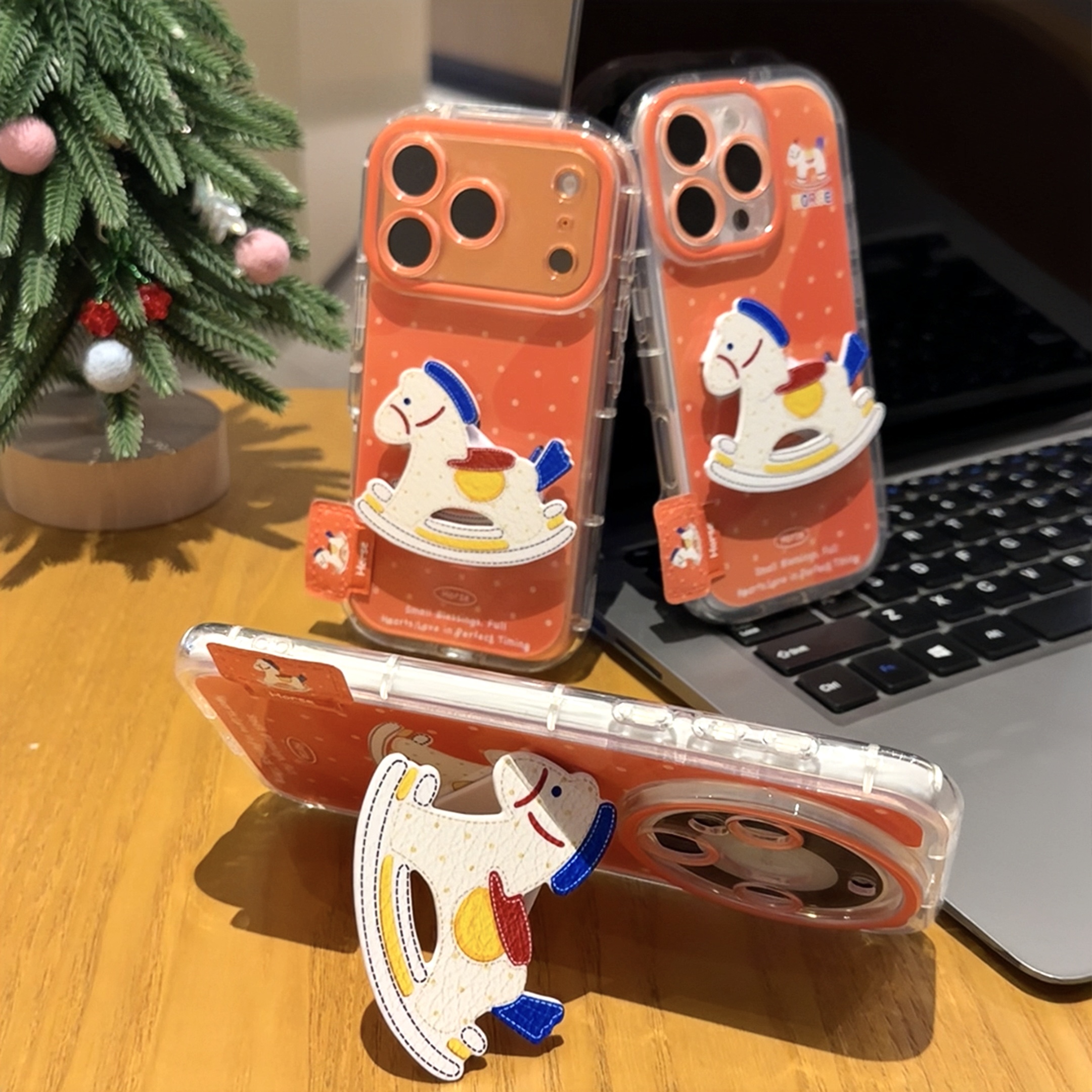 雅天立橙色波点木马支架适用iPhone16套17手机壳华为vivo小米oppo