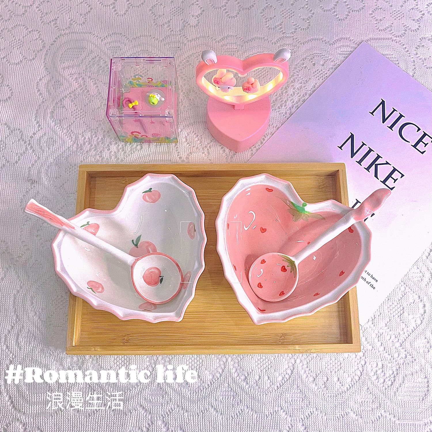 草莓爱心碗高颜值ins网红陶瓷甜品碗少女心可爱勺子宿舍情侣家用