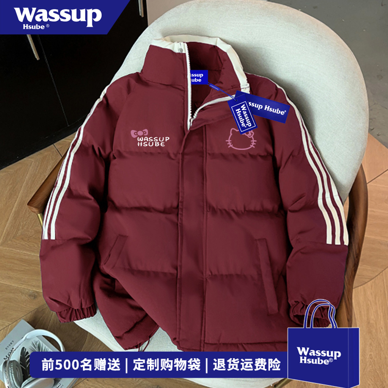 WASSUP HSUBE简约蝴蝶结猫咪字母立领棉服男女冬季三条杠保暖外套