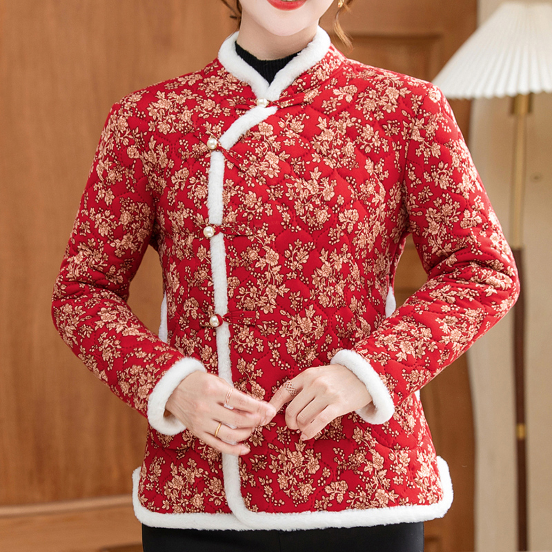 新款冬季女国风拜年服棉衣气质短款小花袄碎花中式保暖外套