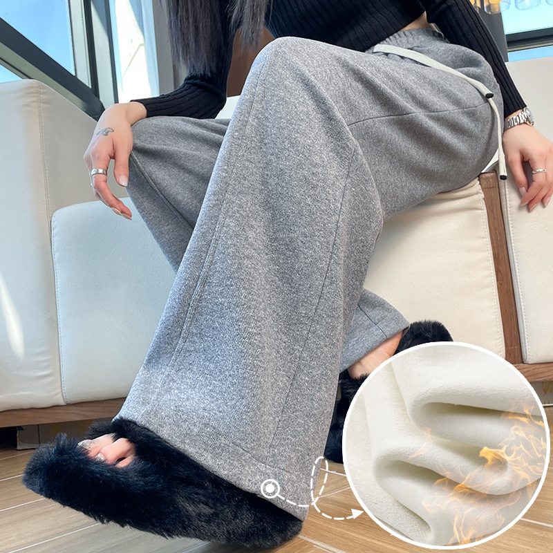 毛呢糯米裤女秋冬宽松垂感大码加绒加厚阔腿裤女小个子九分直筒裤