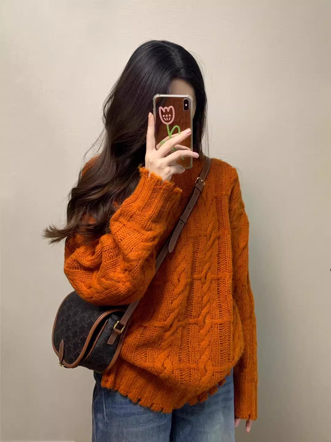 法式复古南瓜橘麻花毛衣女秋季软糯温柔风针织上衣牛仔裤套装冬
