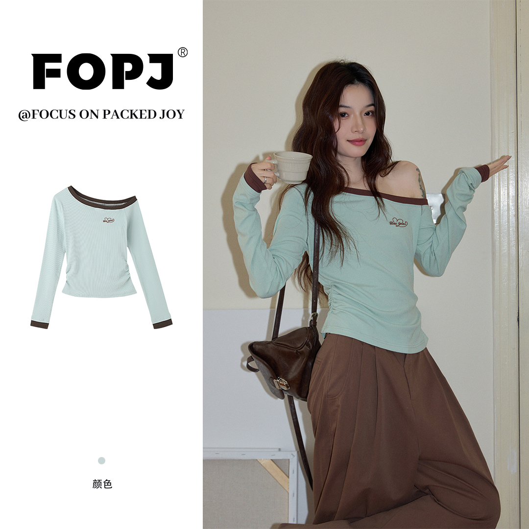 FOPJ刺绣款美式慵懒风斜领长袖T恤女秋季新款宽松露肩百搭上衣ins