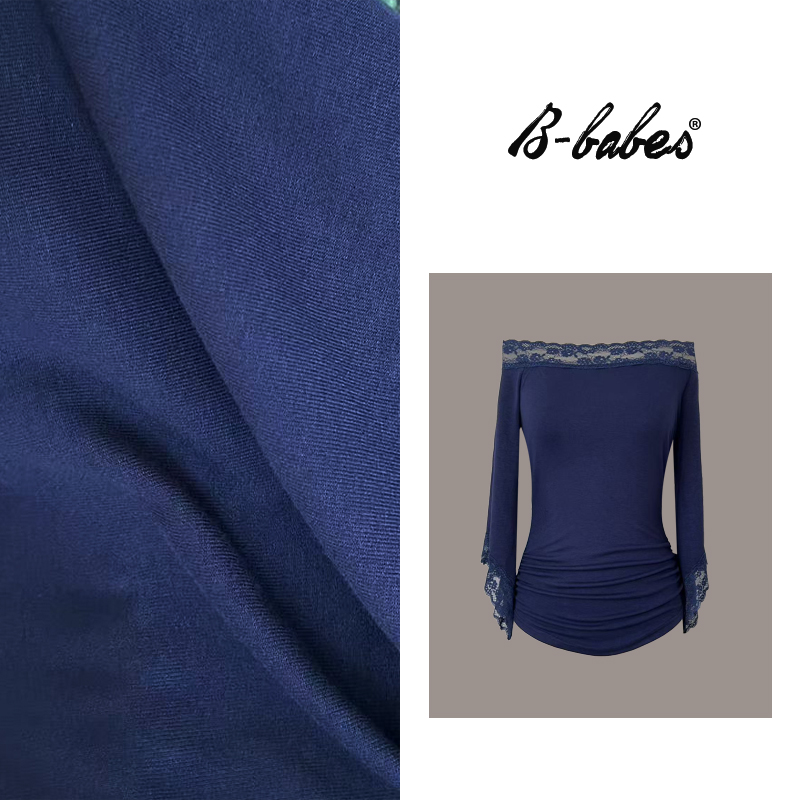 B-babes【香气可人】纯欲辣妹蕾丝一字肩收腰设计感七分喇叭袖上衣