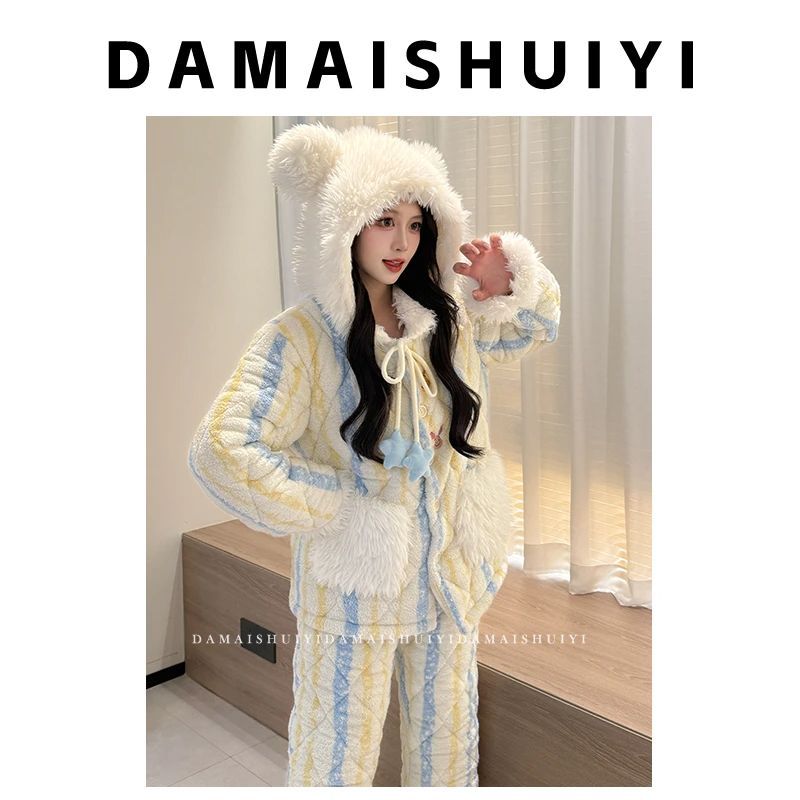 2025新款冬季睡衣女长毛绒三层夹棉加绒加厚保暖珊瑚绒家居服套装