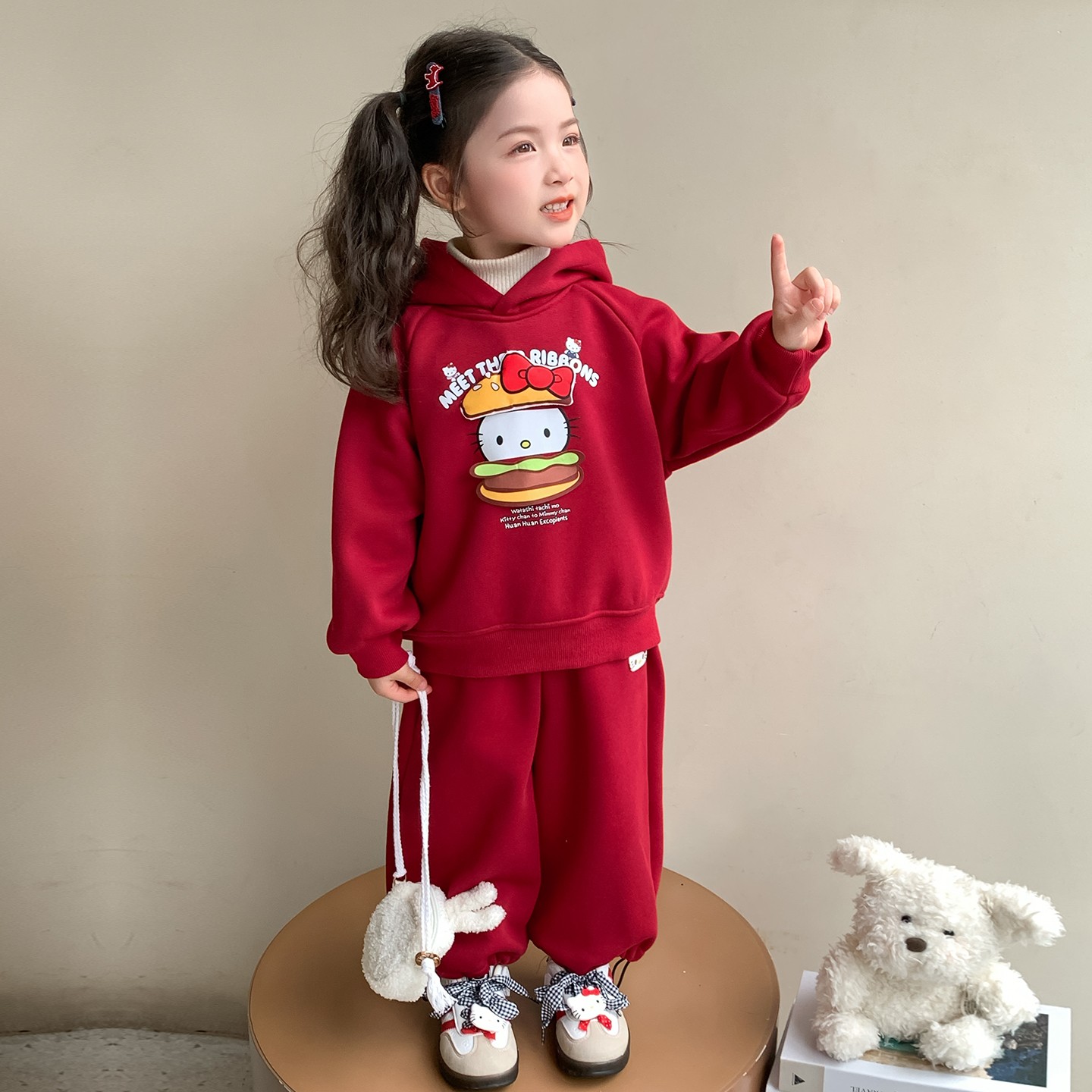 女童加绒套装秋冬款2025新款儿童卡通连帽卫衣洋气宝宝加厚两件套