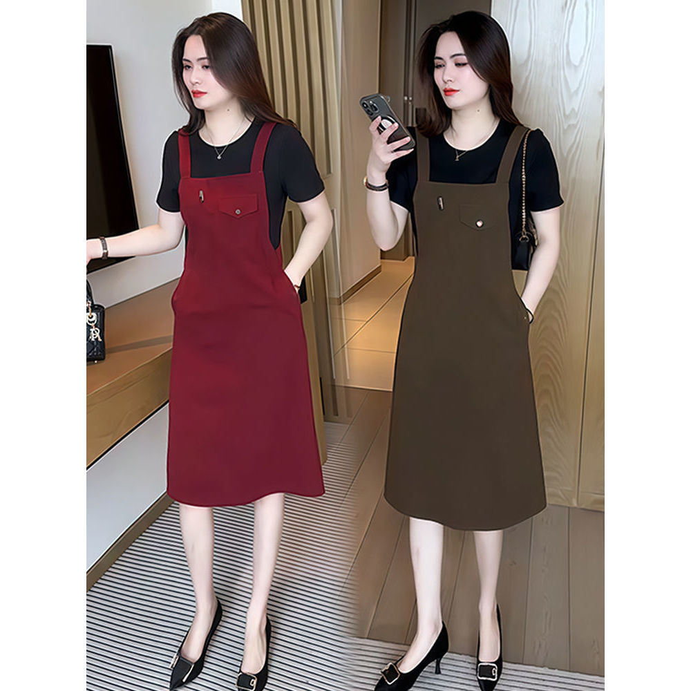 高含棉时尚拼接假两件背带裙女2025新款夏季洋气显瘦中长款连衣裙