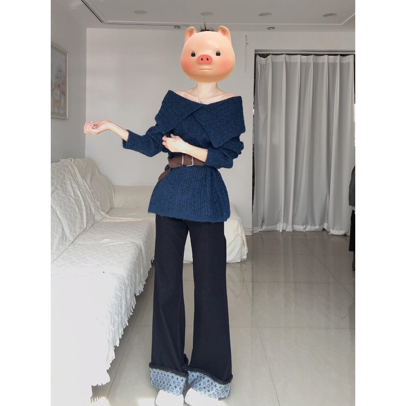 MARIE.COCO慵懒风不规则大翻领露肩针织毛衣女秋季新款卷边直筒裤