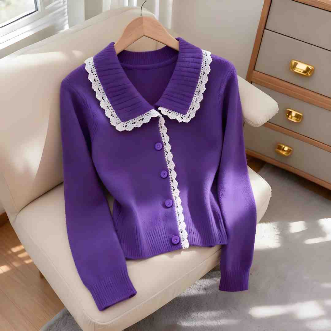 设计感蕾丝翻领长袖针织衫女秋冬季2025新款小众巨好看独特小衫