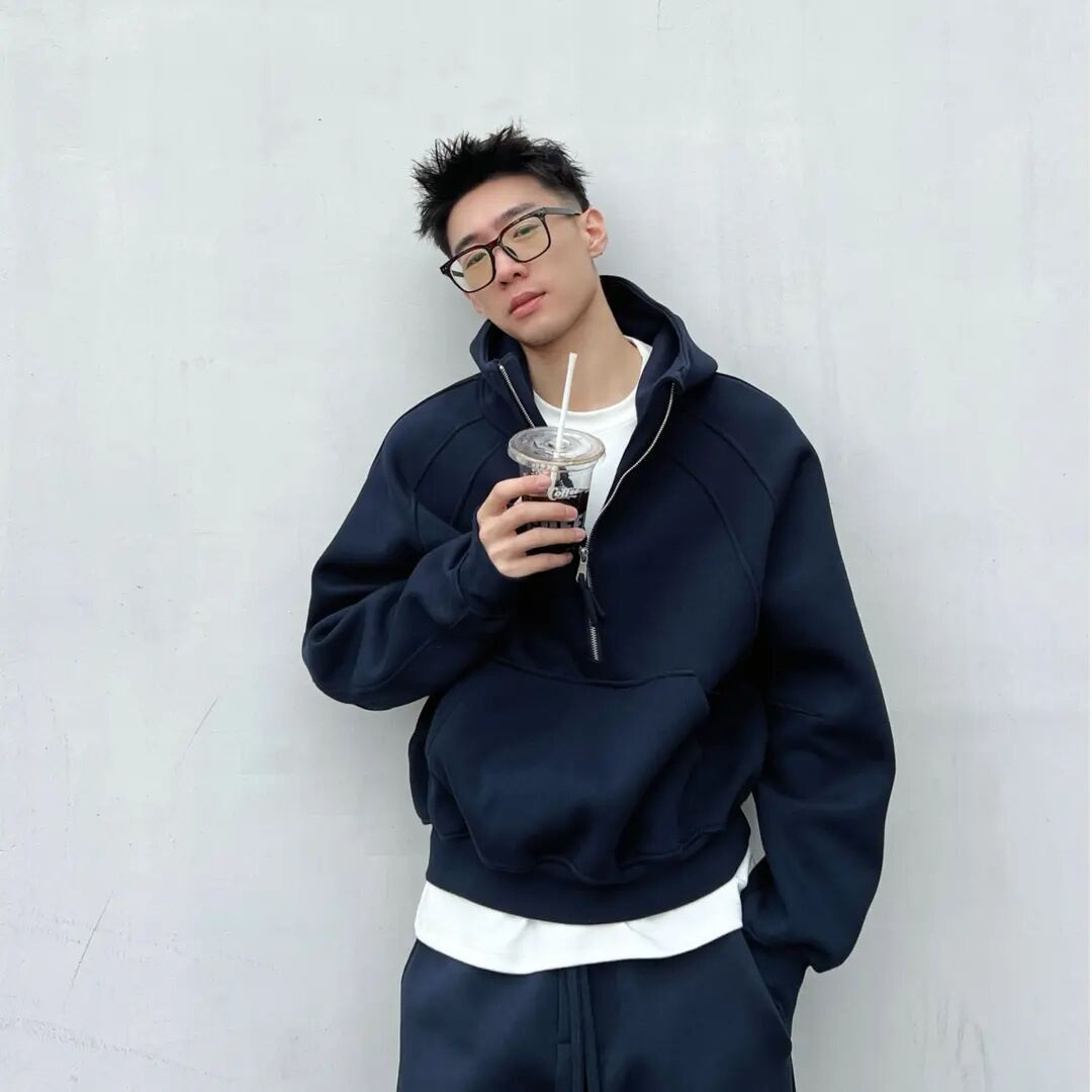 LUCHONG 重磅500g加厚休闲运动卫衣 拼接设计感短款连帽套头卫衣