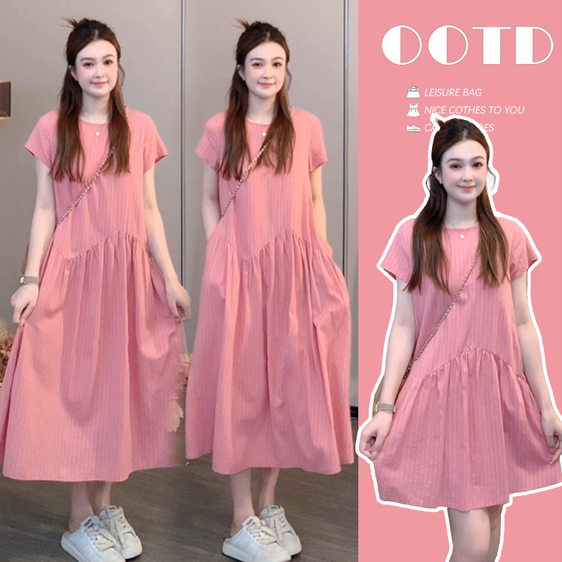 孕妇连衣裙夏季2025新款法式时尚显瘦圆领短袖美拉德风孕妇连衣裙